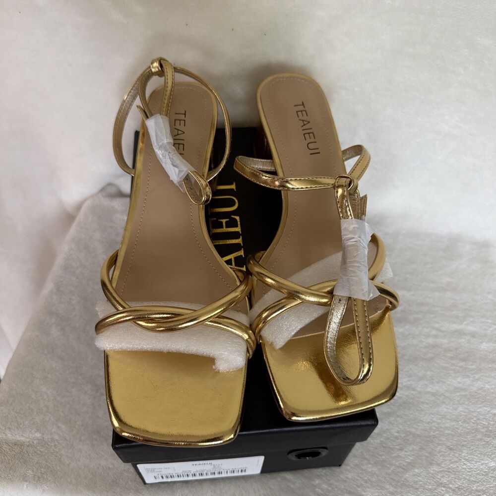 Teaieui Women's Square Toe Chunky Heal With Strap Gold Size 8.5 BNIB